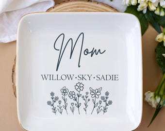 Mom Jewelry Storage, Custom Trinket Tray, Ceramic Ring Dish, Gift from Kids, Gift for Mother, Floral Printed Trinket Dish, Birthday Gift