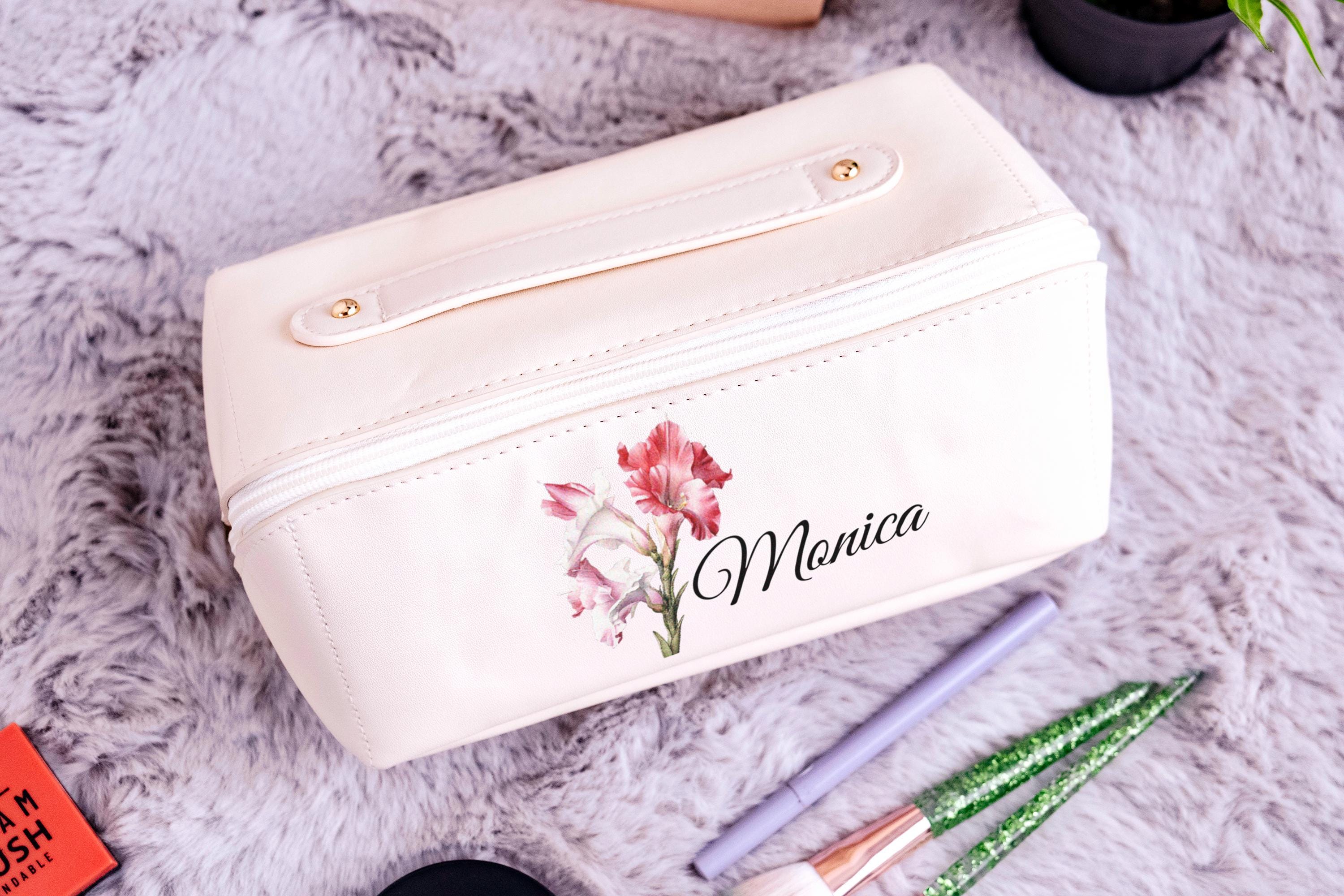 Custom Birth Flower Makeup Bag, Personalized Leather Cosmetic Bag, Floral Makeup Organizer, Travel Toiletry Bag, Bridesmaid Gift for Her