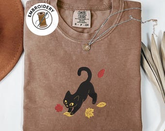 Comfort Colors Shirt, Embroidered Cute Spooky Vibes Shirt, Black Cat Fall Design Shirt, Gift Shirt for Cat Lovers, Cozy Autumn Shirt