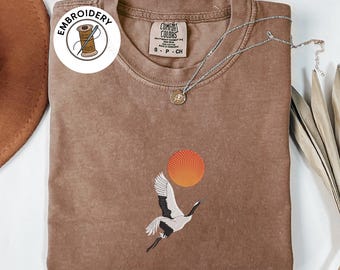 Comfort Colors Shirt, Embroidered Crane Bird Shirt, Japanese Style Nature Shirt,  Minimalist Crane Lover Shirt, Nature Lover Shirt