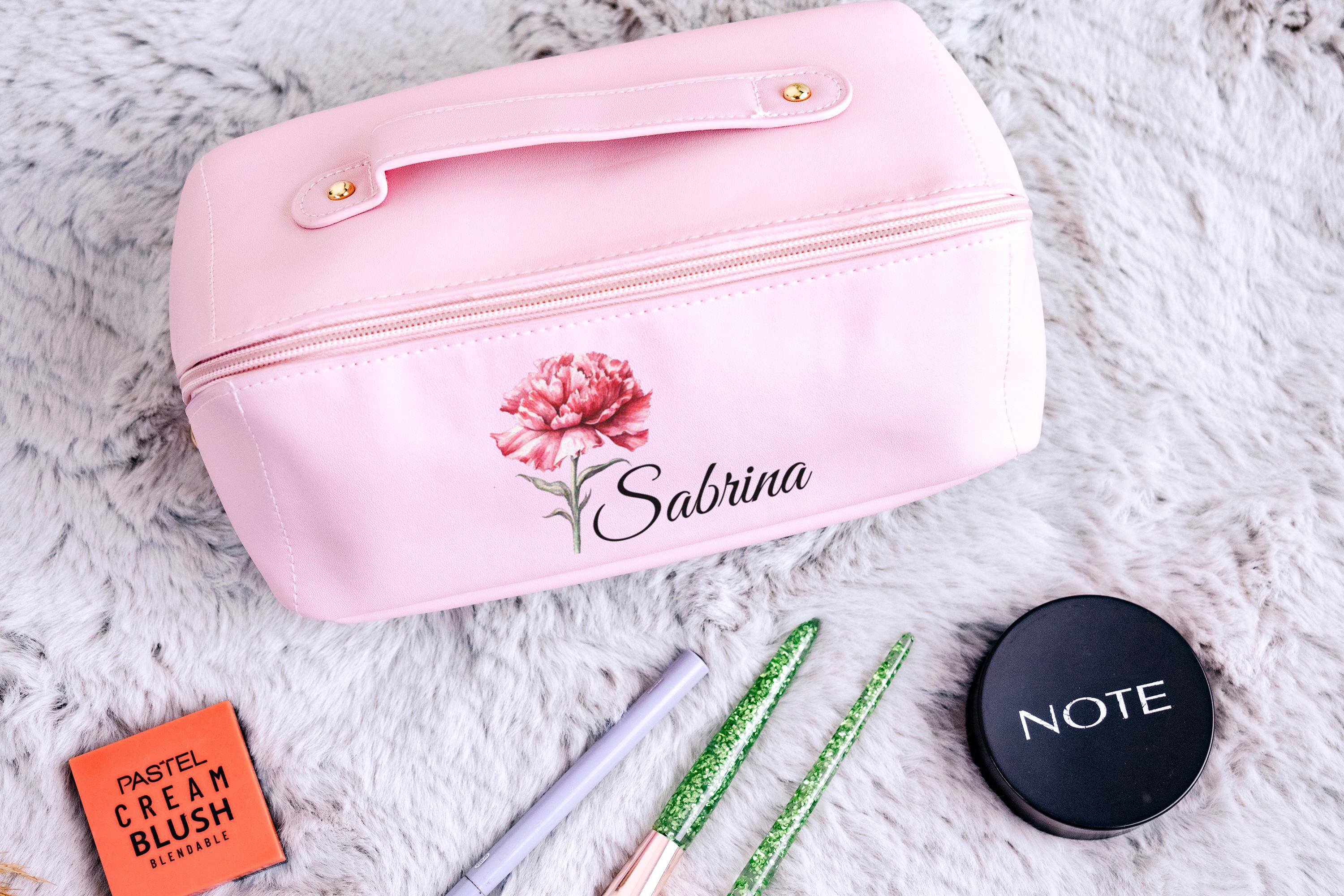 Custom Birth Flower Makeup Bag, Personalized Leather Cosmetic Bag, Floral Makeup Organizer, Travel Toiletry Bag, Bridesmaid Gift for Her