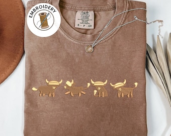 Comfort Colors Shirt, Embroidered Highland Cows Crewneck Shirt, Highlander Embroidered Shirt, Cow Lover Gift Shirt, Unisex T-Shirt