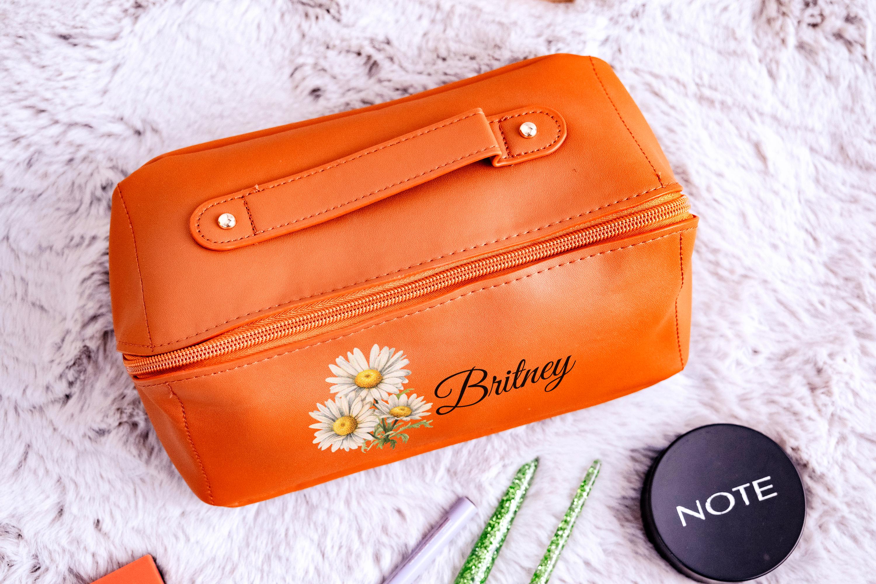 Custom Birth Flower Makeup Bag, Personalized Leather Cosmetic Bag, Floral Makeup Organizer, Travel Toiletry Bag, Bridesmaid Gift for Her
