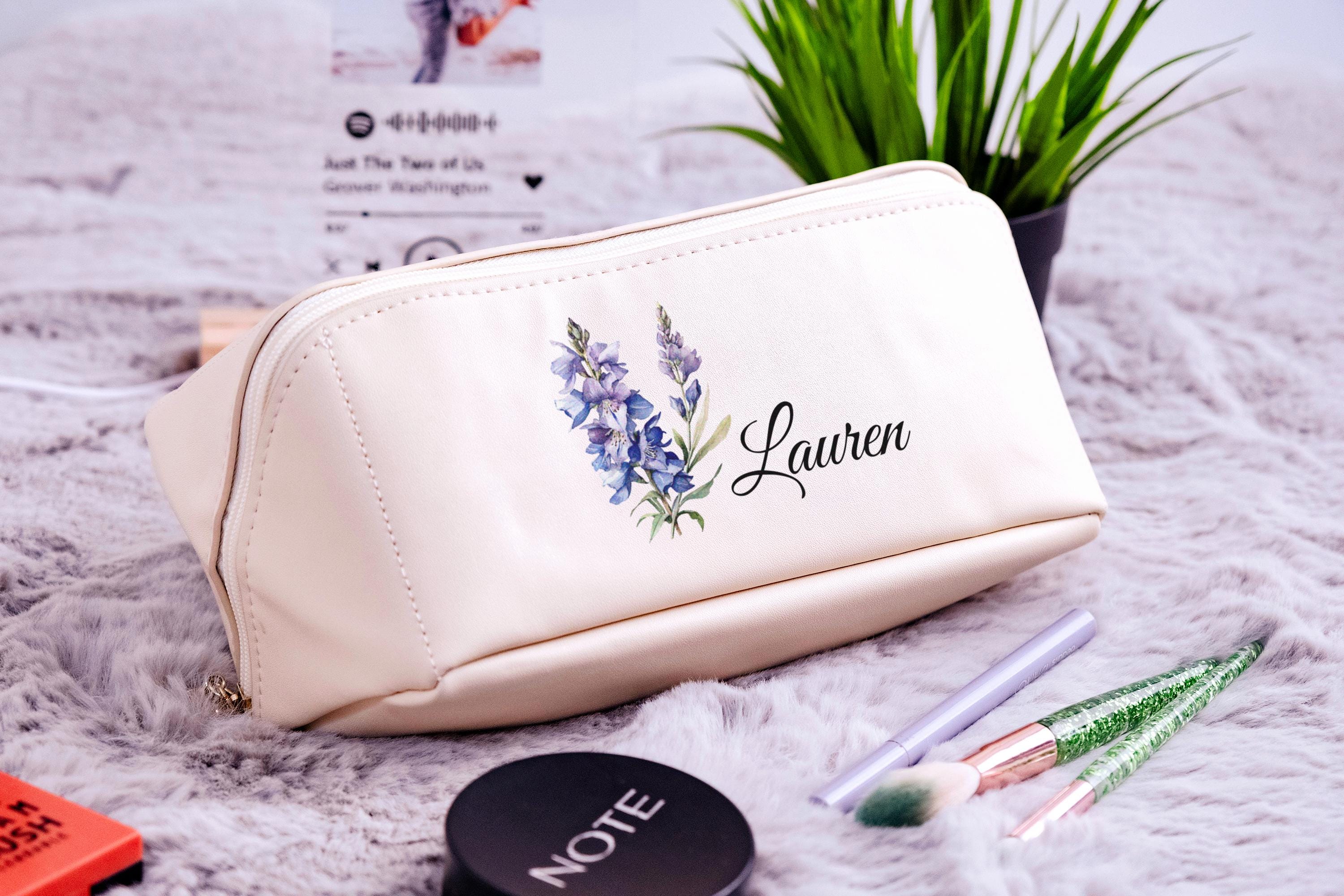 Custom Birth Flower Makeup Bag, Personalized Leather Cosmetic Bag, Floral Makeup Organizer, Travel Toiletry Bag, Bridesmaid Gift for Her