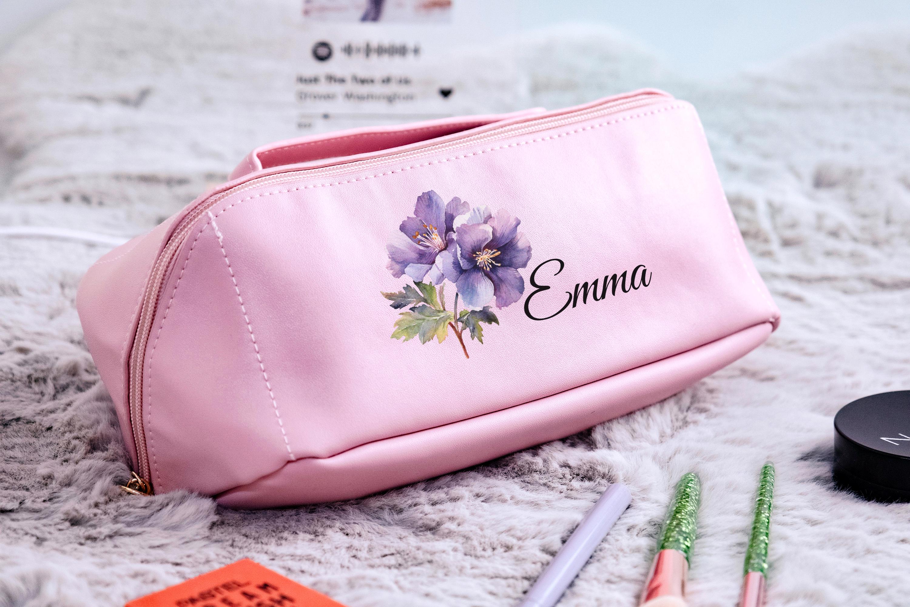 Custom Birth Flower Makeup Bag, Personalized Leather Cosmetic Bag, Floral Makeup Organizer, Travel Toiletry Bag, Bridesmaid Gift for Her
