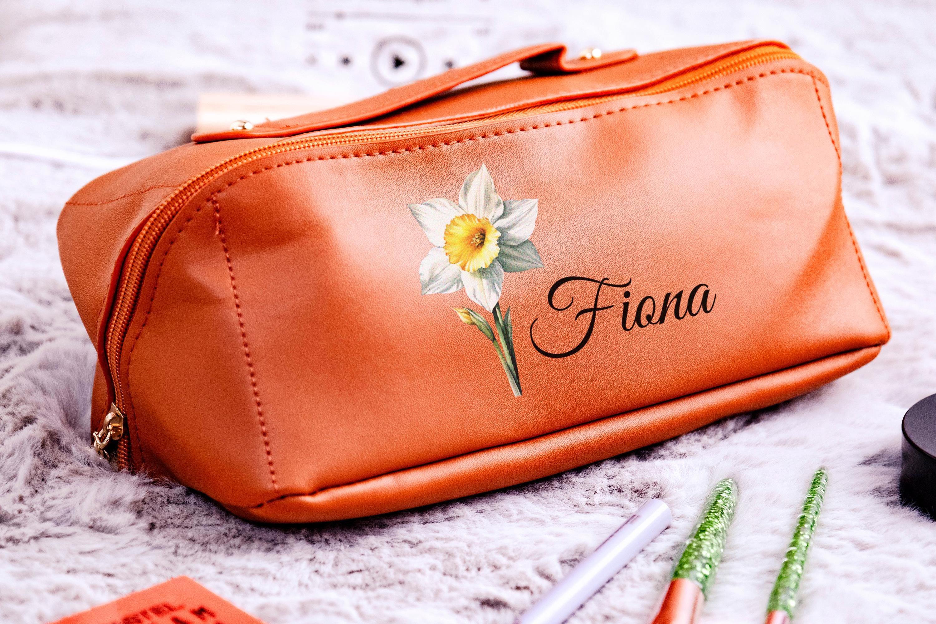 Custom Birth Flower Makeup Bag, Personalized Leather Cosmetic Bag, Floral Makeup Organizer, Travel Toiletry Bag, Bridesmaid Gift for Her
