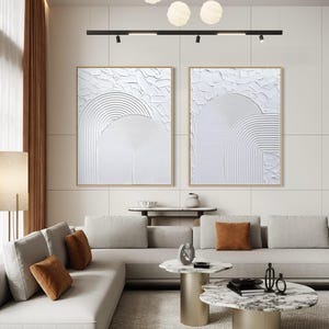 White textured wall art set of 2 | Minimalist modern abstract canvas artwork | Original paintings | Large  3D wall decor with framed