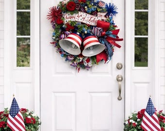 愛国的な7月4日のリース、アメリカンなドアリース、赤白青の装飾、独立記念日の玄関ドアの装飾、夏の愛国的なリース