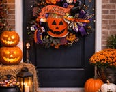 Halloween Candy Wreath, Pumpkin Bucket Door Decor, Orange Black Purple Ribbons