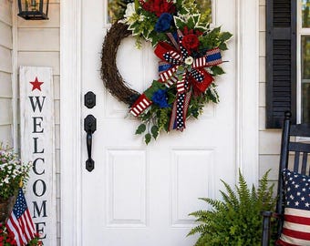 Rustic Patriotic Floral Wreath with Bell, Americana Farmhouse Door Decor