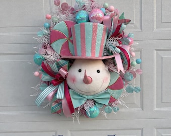 Pastel Candyland Snowman Christmas Wreath | Pink & Mint Snowman Door Hanger | Whimsical Christmas Decor | Front Door Holiday Wreath