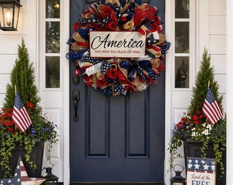 Vaterländischer Kranz mit Amerika-Zeichen | 4 Juli Türkranz | Rot Weiß Blauer Kranz | Gedenktag Dekor | Sommerkranz an der Haustür
