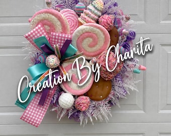 Pastel Candy Wreath, Pink Sweet Treat Wreath, Front Door Decor, Ice Cream & Lollipop Wreath, Spring Summer Door Hanger