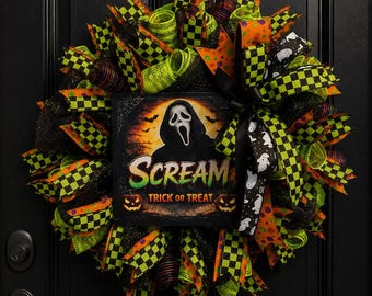 Halloween-schreeuwkrans, spookgezicht Halloween-deurkrans, limoengroen en oranje Halloween-decor, Trick or Treat-krans, voordeurdecor