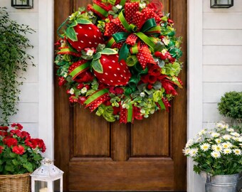 Deluxe Welcome Wreath, Strawberry Wreath, Summer Floral Wreath ...