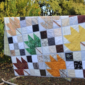 May include: A quilt with a patchwork design featuring various leaf shapes in shades of brown, green, yellow, and white. The quilt is hanging on a fence.