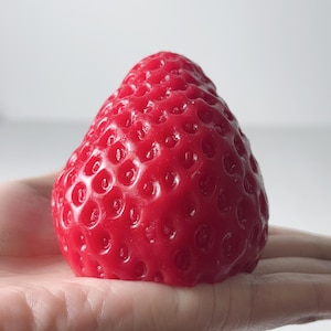 May include: A single, ripe red strawberry with a glossy finish and a detailed seed pattern. The strawberry is held in a hand, showcasing its size and shape.