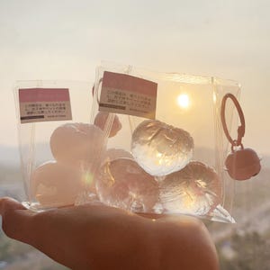 Peut inclure: Deux sacs en plastique transparents remplis d'objets ronds et clairs, peut-être des bonbons ou des décorations. Chaque sac a une petite étiquette avec du texte japonais. Un petit charme en forme de cloche est suspendu à l'un des sacs.