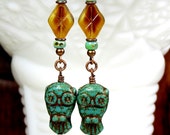Owl Dangle Earrings, Turquoise Topaz Glass Beaded Czech Earrings, Woodland Earrings, Lever Back  Earrings, Long Earrings, Rustic Earrings
