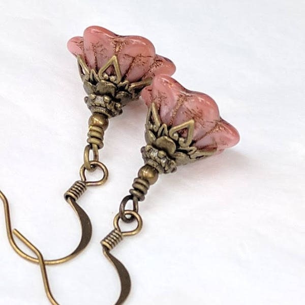 Pink Flower Bead Earrings Glass Bell Flower, Dangle Drop, Boho Chic, Antique Victorian Style Jewelry, Gift For Her, Mother's Day Gift