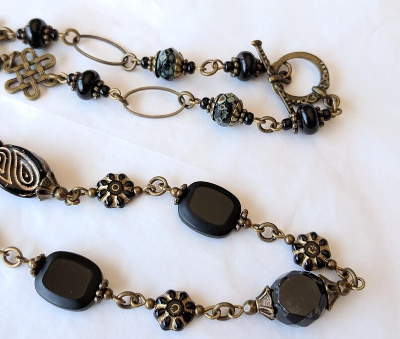 Classic Black Bead Jewelry Bohemian Boho Vintage Style Necklace Jewelry Czech Glass Flower,Antiqued Bronze Long Black Glass Bead Necklace