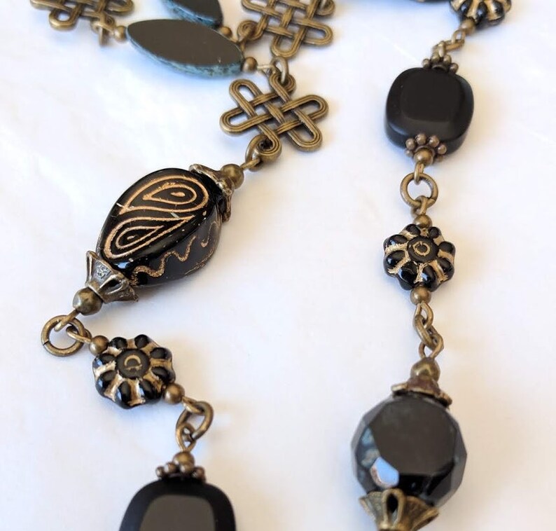 Classic Black Bead Jewelry Bohemian Boho Vintage Style Necklace Jewelry Czech Glass Flower,Antiqued Bronze Long Black Glass Bead Necklace