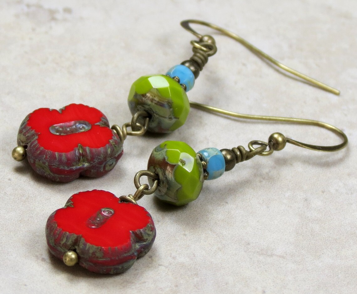 Colorful Glass Bead Dangle Earrings Red Green Blue Etsy