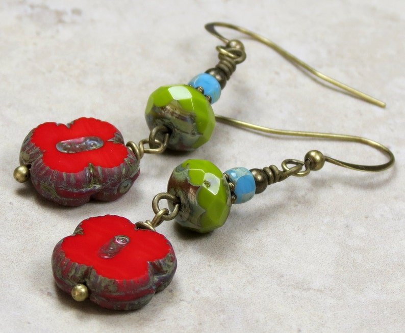 Colorful Glass Bead Dangle Earrings Red Green Blue Etsy
