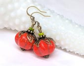 Orange Pumpkin Earrings, Halloween Harvest Beaded Earrings, Thanksgiving Fall Jewelry