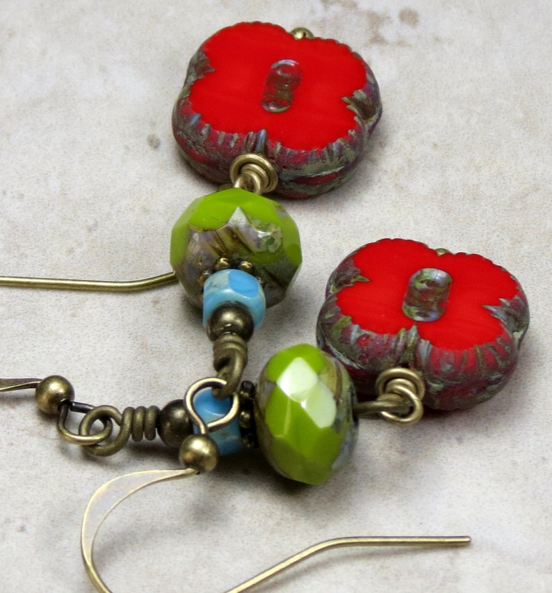 Colorful Glass Bead Dangle Earrings Red Green Blue Etsy