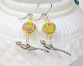 Bird Earrings, Dangle Drop Earrings, Lampwork Glass Bead Earrings, Yellow Pink Earrings, Nature Earrings, Flower Earrings, Bird Lover Gift