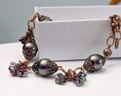 Sale Copper Swarovski Pearl Bracelet, Purple Peacock Pearl Bracelet, Cluster Flower,  Vintage Victorian Inspired Jewelry