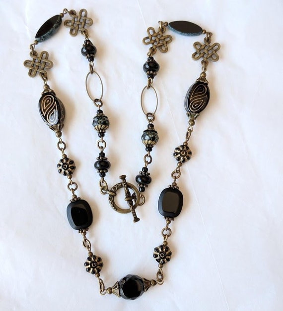 Classic Black Bead Jewelry Bohemian Boho Vintage Style Necklace Jewelry Czech Glass Flower,Antiqued Bronze Long Black Glass Bead Necklace