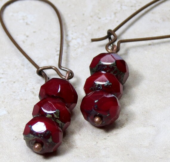 Deep Red Czech Glass Dangle Earrings Glass Bead Earrings | Etsy