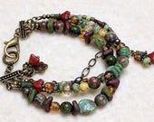 Multi Strand Boho armband, kleurrijk, rustieke aards, dikke glazen kraal, Boho, Boho Chic sieraden, unieke Trendy cadeau voor haar