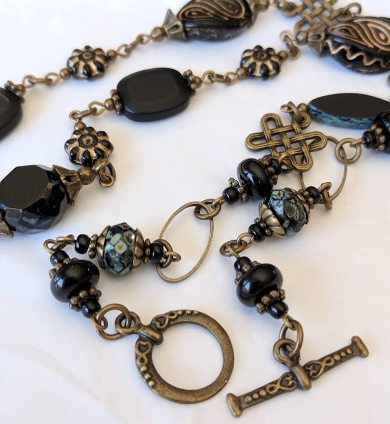 Classic Black Bead Jewelry Bohemian Boho Vintage Style Necklace Jewelry Czech Glass Flower,Antiqued Bronze Long Black Glass Bead Necklace