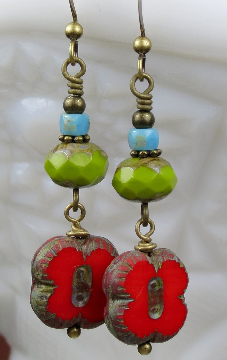 Colorful Glass Bead Dangle Earrings Red Green Blue Etsy