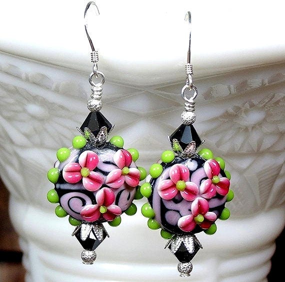 Green black lampwork glass crystal beaded floral earrings