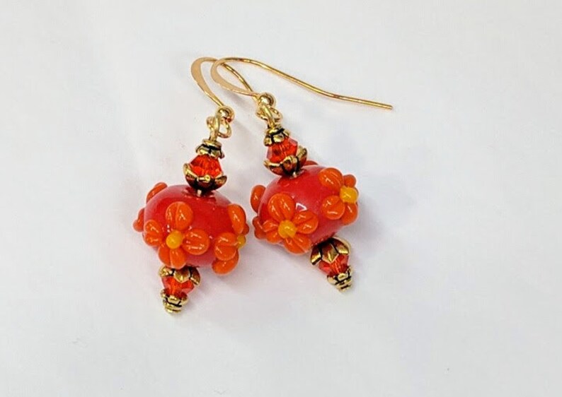 Floral Lampwork Glass Bead Earrings Gold Dangle Earring Red Etsy