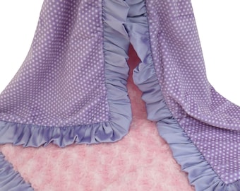 Personalized Lavender Purple Swiss Dots and Pink Swirl Minky Baby Girl Blanket, Or You Choose Secondary Coordinating Color