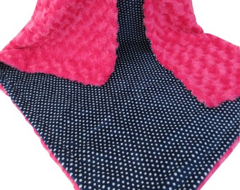 Fuchsia Hot Pink and Navy Swiss Minky Baby Blanket, Baby Girl Blanket 28 x 35