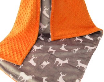 28 x 35 inch Orange and Gray Deer Head Minky Dot Baby Blanket, Camouflage Hunting Blanket