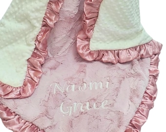 Personalized Rosewater Minky Baby Blanket, Ruffle Edge