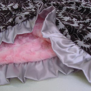 Personalized Pink, Gray, Black Damask Minky Baby Blanket -With Pink Rose Swirl Or You Choose Coordinating Secondary Fabric