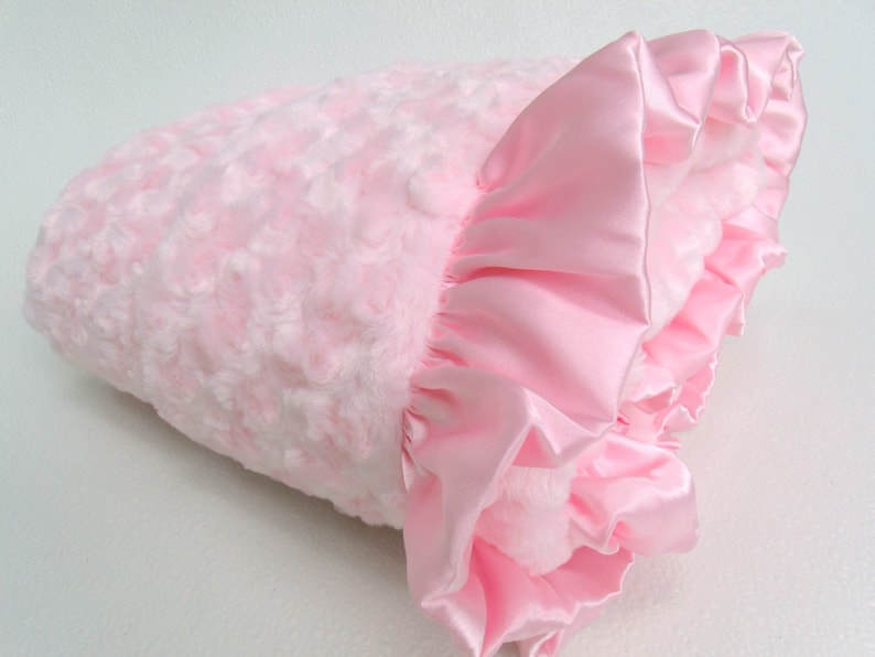 Matching pink ruffle Pink Rose Swirl Minky Blanket