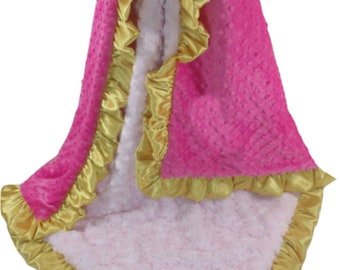 Gold and Fuchsia Hot Pink Dot, White Rose Swirl Minky Baby Blanket, Hot Pink and Gold Minky Blanket for Baby Girl, three sizes