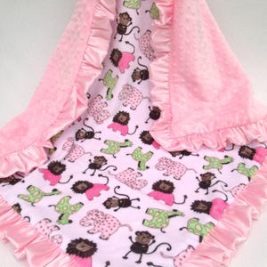 Personalized Minky Baby Blanket in Pink and Brown Jungle Print, Woodland Animal, Baby Girl Blanket, You Choose Coordinating Secondary Color
