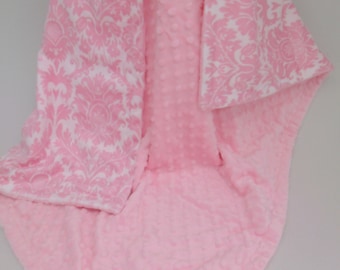 Personalized Pink Damask Minky Baby Blanket, 3 Sizes,  Baby Girl Blanket, Choose Your Coordinating Secondary Color