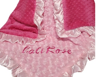 Personalized Fuchsia Pink With Light Pink Rose Swirl Minky Baby Blanket, Customize With Your Choice of Fabrics