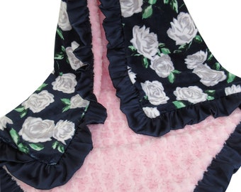 Personalized Navy Floral Minky Baby Blanket With a Navy Ruffle Chose Size, You Chose Secondary Color Back Color